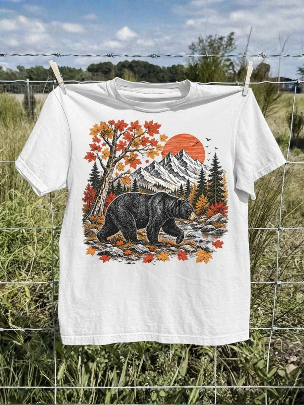 Black Bear Mountain Forest Sunset White Nature Graphic T-Shirt